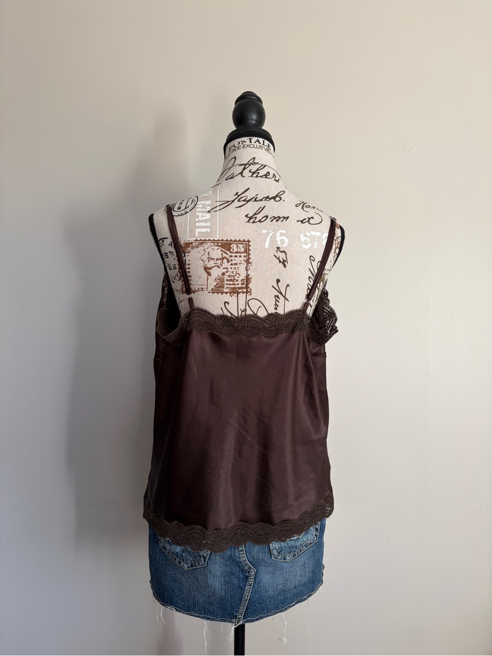 Y2K Chocolate Brown Satin Lace Sequin Beaded Girly Camisole - Picture 6 of 12